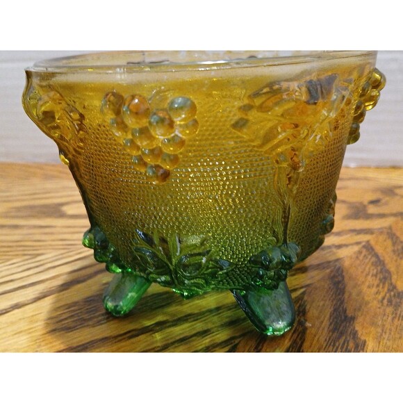 Vintage Jeannette Glass Ombre Amber Green Grape Pattern footed candy dish - Picture 13 of 16